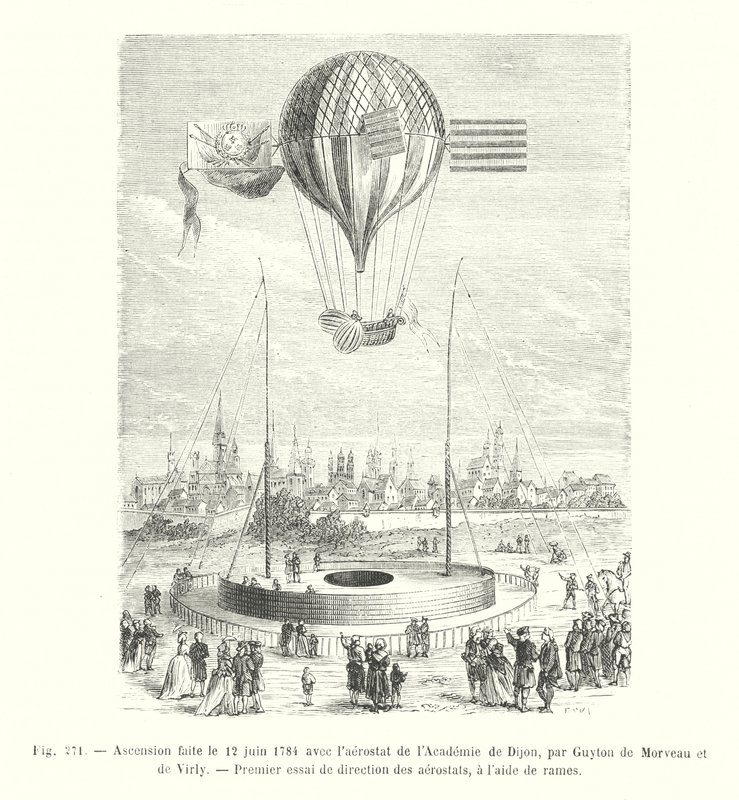 Oppstigning utført 12. juni 1784 med aerostaten til Academy of Dijon, av Guyton de Morveau og de Virly, Første test av retning av aerostater, ved bruk av årer (gravering) av European School