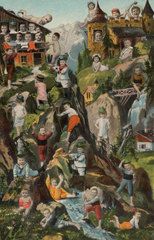 Babyer i fjellet (fargelitografi) av European School