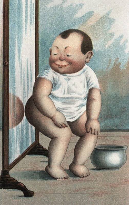 Baby med speil (fargelitografi) av European School