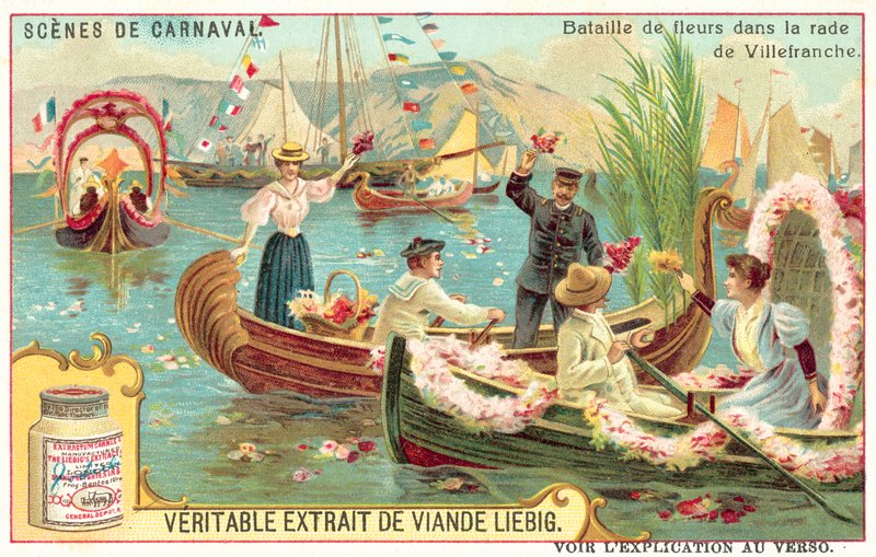 Slaget om blomster i havnen i Villefranche, Frankrike (chromolitho) av European School