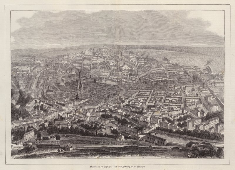Fugleperspektiv av Chemnitz, Tyskland (gravering) av European School