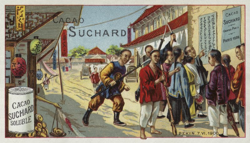Boksere på en gate i Beijing, Kina, Boxer Rebellion, 7. juni 1900 av European School