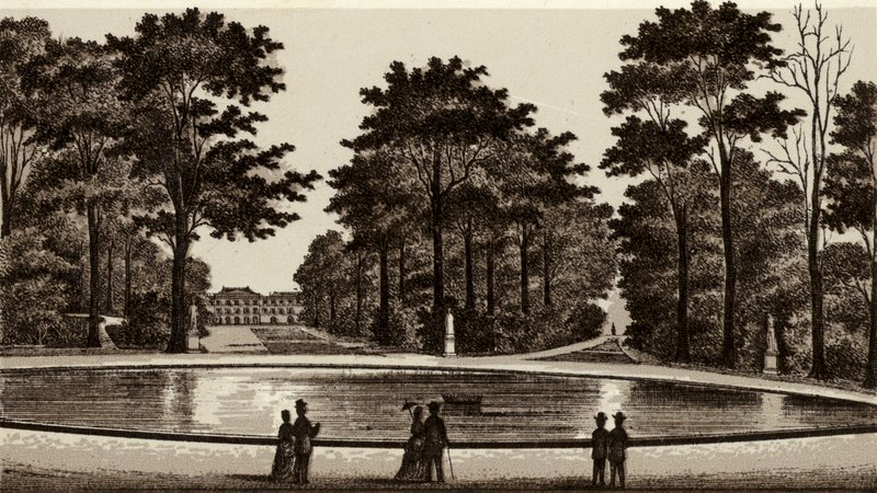 Bruxelles / Brussel: Utsikt over parken (litho) av European School