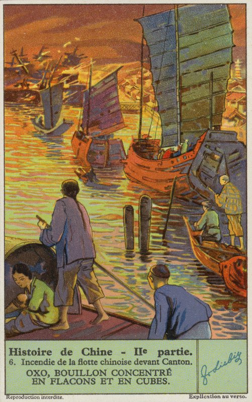 Brenning av den kinesiske flåten ved Canton (chromolitho) av European School