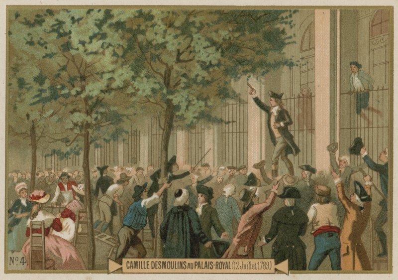 Camille Desmoulins sender ut sin oppfordring til våpen utenfor Palais Royal, Paris, den franske revolusjonen, 12. juli 1789 av European School
