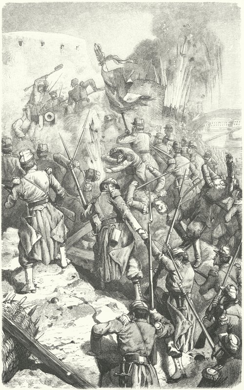 Fangst av Malakoff Redoubt under beleiringen av Sevastopol, 8. september 1855 (gravering) av European School