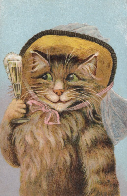 Katt med hatt og holder et glass champagne (chromolitho) av European School