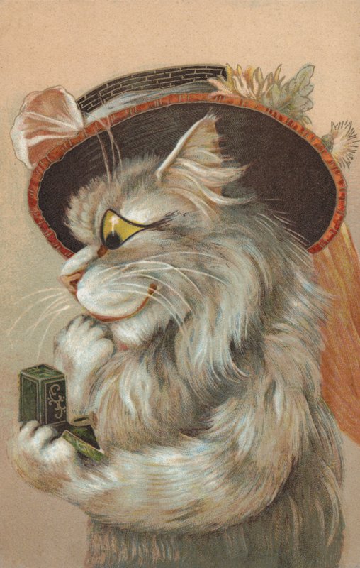 Katt med hatt og ser på en ring (chromolitho) av European School