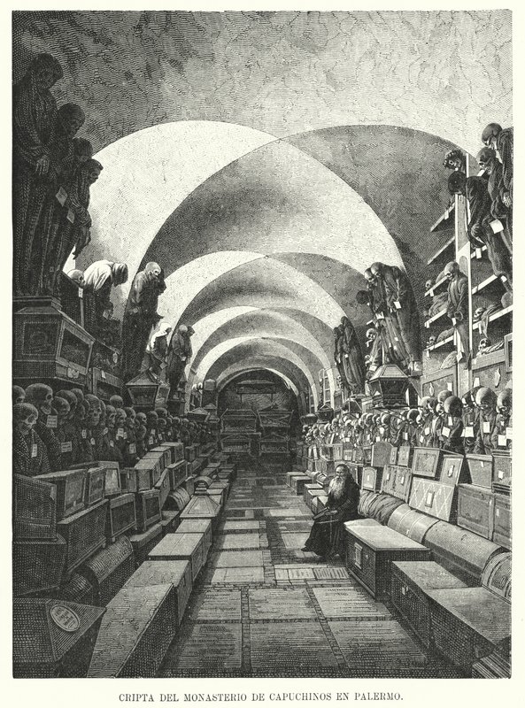 Katakombene til Capuchin-klosteret, Palermo, Sicilia, Italia (litho) av European School