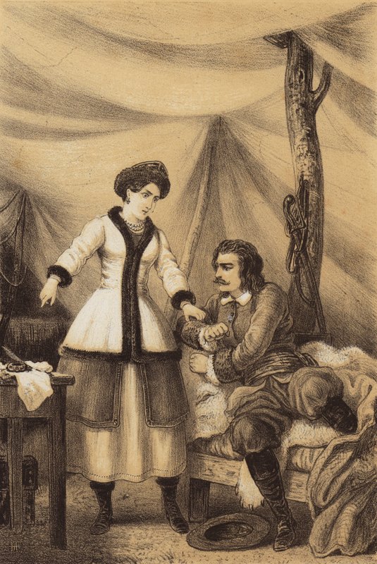 Katarina I fra Russland forteller Peter den store: "Skriv, det vil være din redning" (litho) av European School