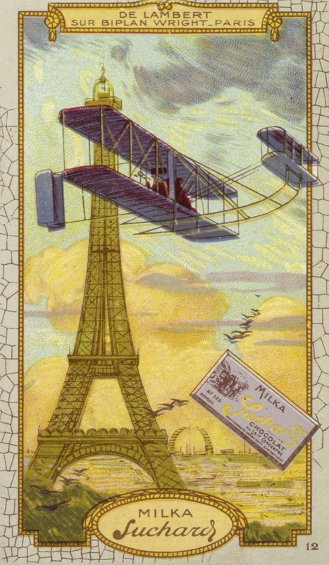 Charles de Lambert i et Wright-biplan, Paris (kromolitho) av European School