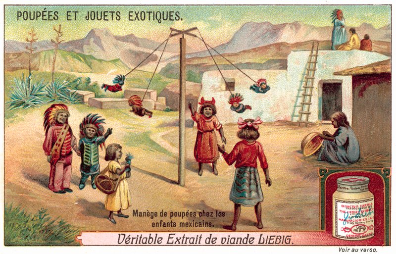 Barn i Mexico leker med dukker på en karusell (chromolitho) av European School