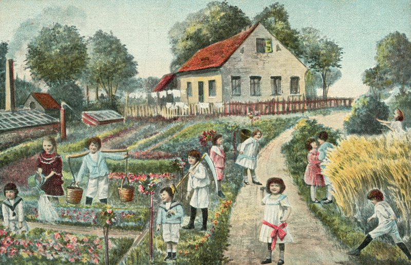 Barn i en hage eller parsell (fargelitografi) av European School