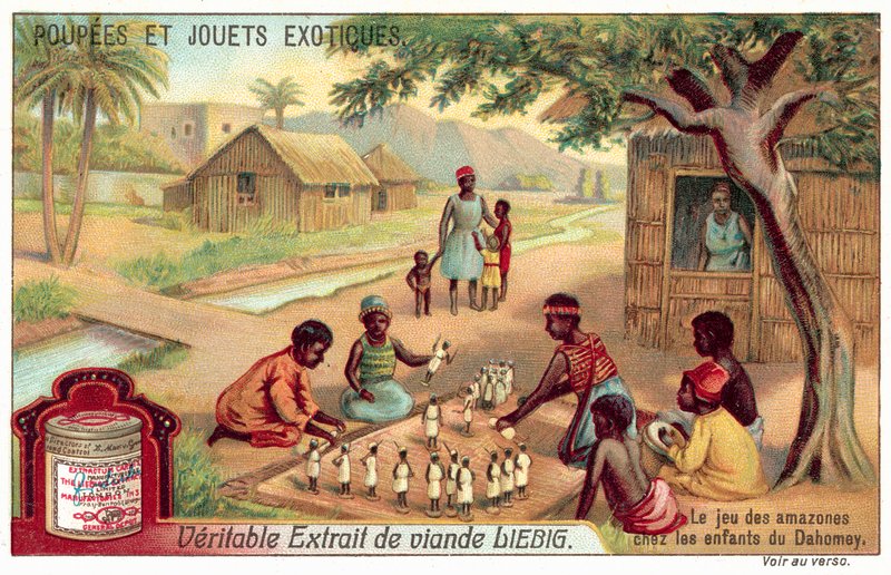 Barn som spiller Amazons i Dahomey (chromolitho) av European School