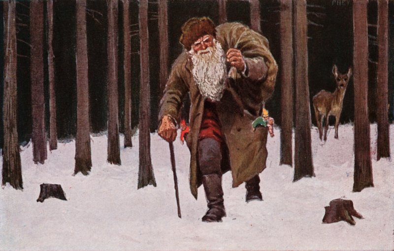 Julekort, julenissen som trasker gjennom snøen med en pose med gaver, hjort i bakgrunnen (fargelitografi) av European School