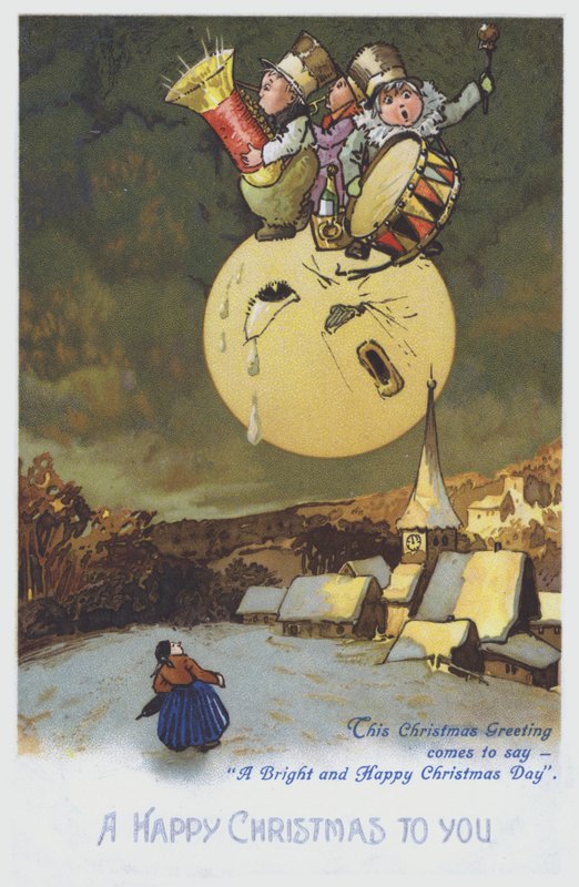 Julehilsenkort som viser et band med musikere på månen over en snødekt by. (chromolitho) av European School