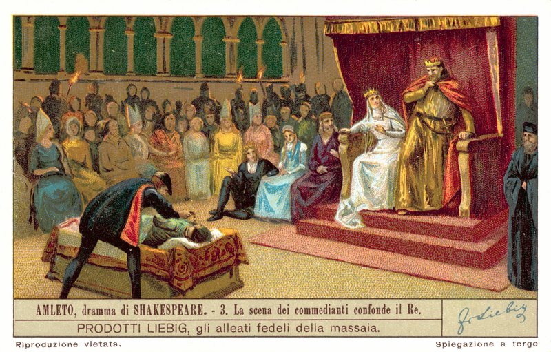 Claudius reagerer på scenen som skildrer drapet på spillerkongen (chromolitho) av European School