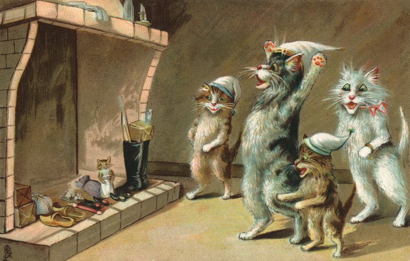Tegneseriekatter som venter på julegavene sine (fargelitografi) av European School