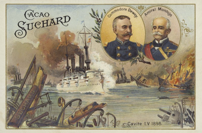 Commodore George Dewey og admiral Patricio Montojo, slaget ved Manila Bay, spansk-amerikansk krig, 1. mai 1898 av European School