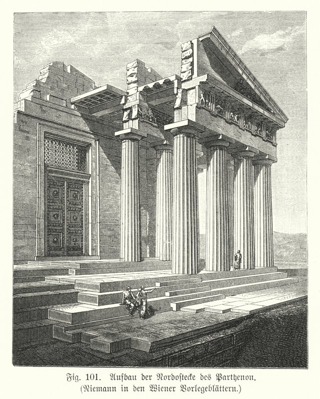 Bygging av det nordøstlige hjørnet av Parthenon, Athen, antikkens Hellas (gravering) av European School