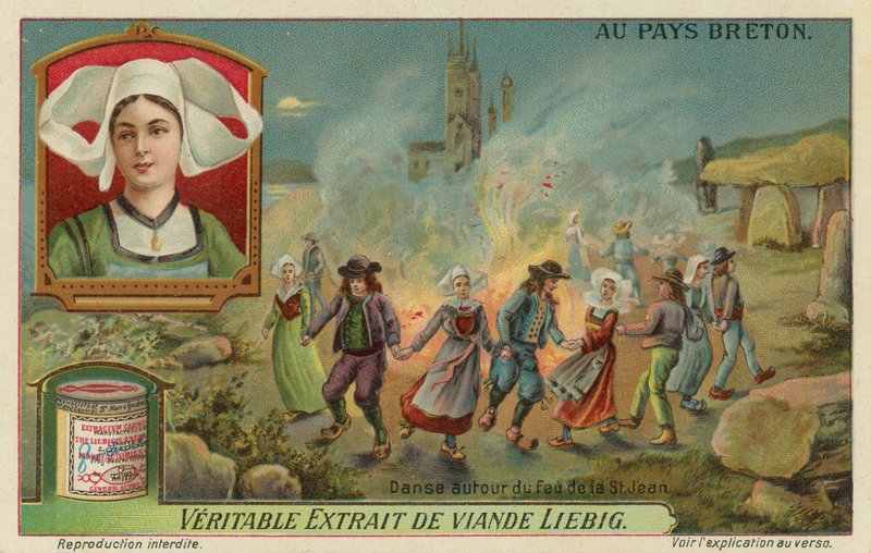 Dans rundt bålet på Johannesaften (midtsommer) (chromolitho) av European School