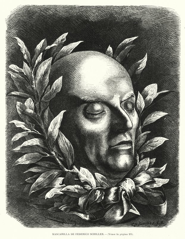 Dødsmaske til den tyske poeten Friedrich Schiller (litho) av European School