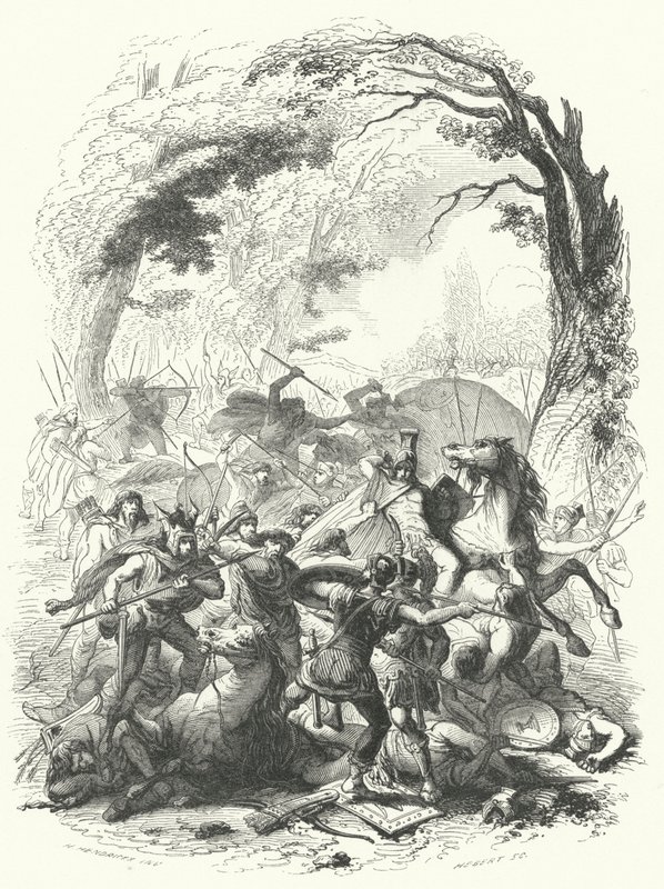 Nederlag av den romerske hæren under Sabinus og Cotta av gallerne, 54 f.Kr. (gravering) av European School