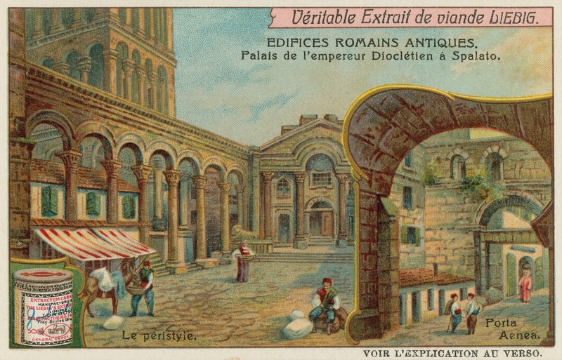 Diokletians palass i Split i Kroatia med detaljer av kolonnaden og den sørlige sjøporten (chromolitho) av European School
