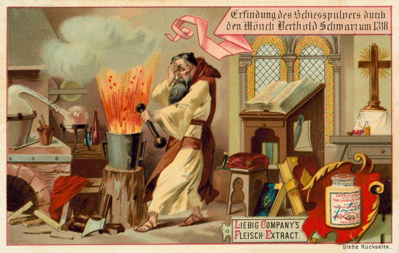 Oppdagelse av krutt av munken Berthold Schwarz av European School