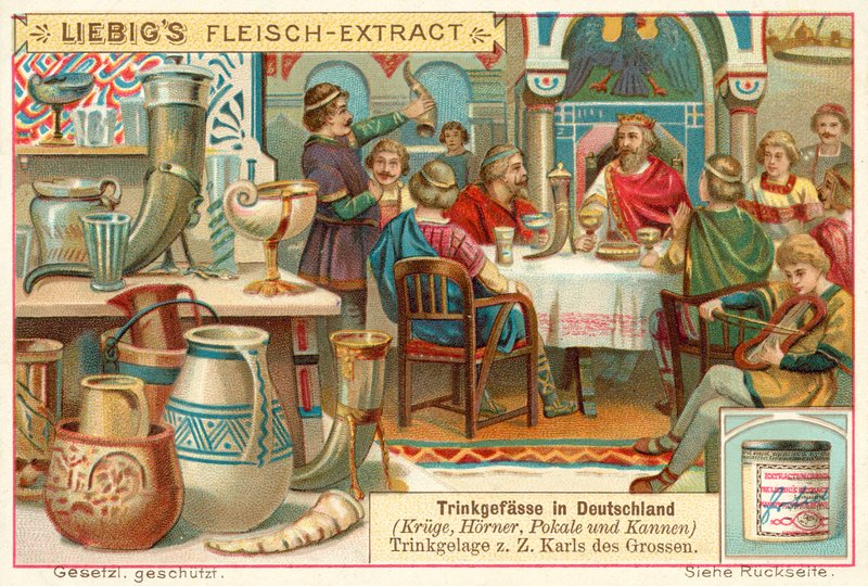 Drikkeøkt i Tyskland på Charlemagnes tid (chromolitho) av European School