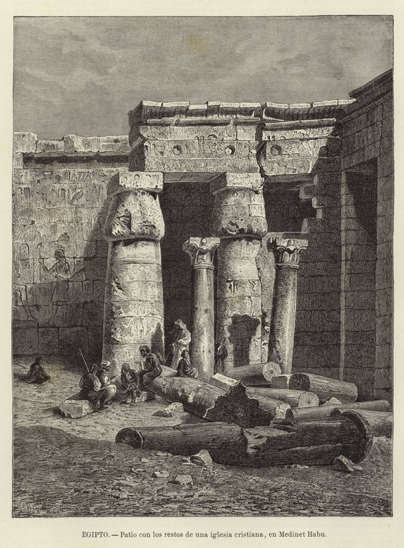 Egypt - Gårdsplass med restene av en kristen kirke i Medinet Habu av European School