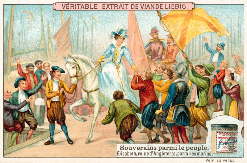 Elizabeth I av England blant marinens sjømenn (chromolitho) av European School