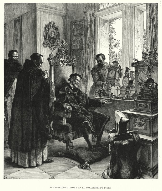 Keiser Charles V i pensjonisttilværelse ved klosteret Yuste, Spania, etter hans abdikasjon (litho) av European School