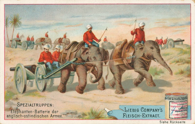 Engelske soldater trukket av elefanter i India, Liebig-kort, tidlig på 1900-tallet (kromo) av European School