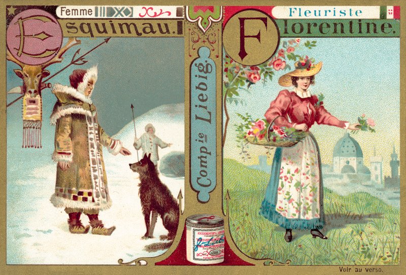 Eskimo-kvinne og florentinsk blomsterhandler (chromolitho) av European School