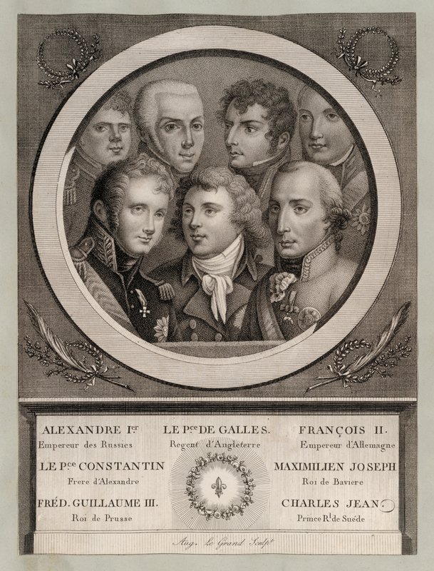 Europeisk kongefamilie på begynnelsen av 1800-tallet: Tsar Alexander I av Russland; Georg, prins av Wales, regent for kong Georg III; Frans II, den hellige romerske keiseren; Storhertug Konstantin Pavlovitsj av Russland; Maximilian Josef, konge av Bayern o av European School