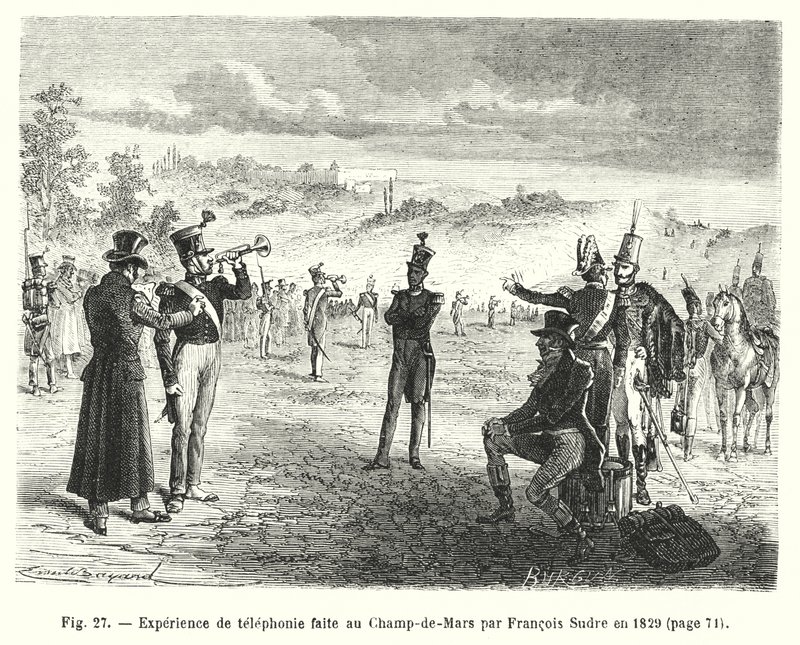 Telefoniopplevelse laget på Champ-de-Mars av Francois Sudre i 1829 (gravering) av European School