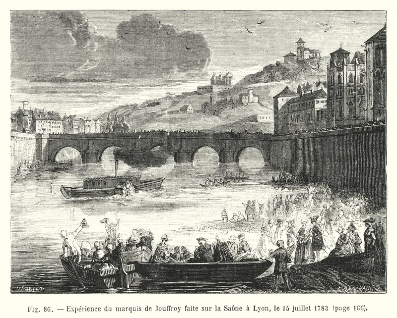 Opplevelse av Marquis de Jouffroy laget på Saone i Lyon, 15. juli 1783 (gravering) av European School