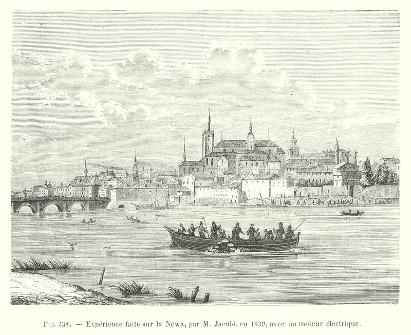 Erfaring gjort på Newa, av M Jacobi, i 1839, med en elektrisk motor (gravering) av European School