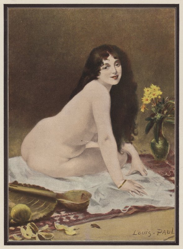 Fantasy, kvinne som sitter på et teppe (farge litho) av European School