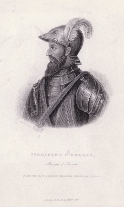 Ferdinand d'Avalos, 5. markis av Pescara (1489-1525), aragonisk militærsjef i de italienske krigene mellom habsburgerne og franskmennene (gravering) av European School