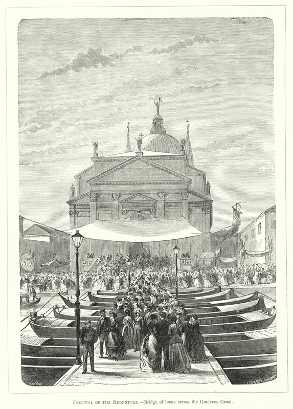 Festival of the Redentore, bro av båter over Giudecca-kanalen (gravering) av European School