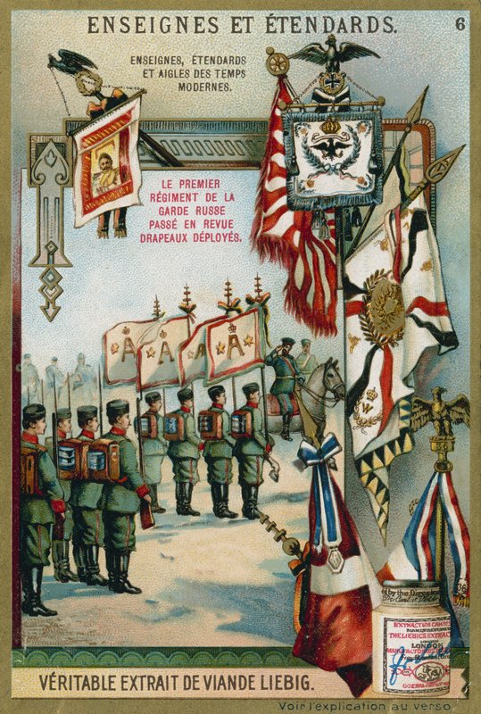 Første regiment av de russiske vaktene blir gjennomgått med flagg utplassert av European School