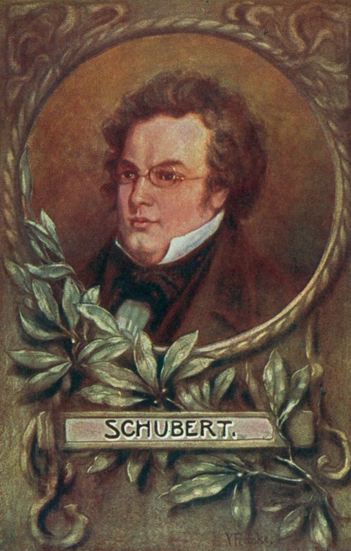 Franz Schubert , østerriksk komponist (fargelitografi) av European School