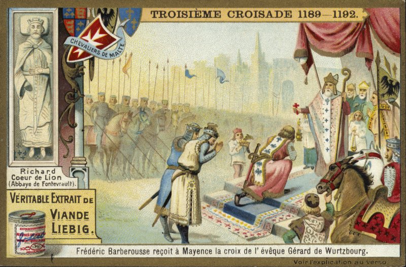 Frederick Barbarossa tar korset fra biskopen av Würzburg, Mainz, Tyskland, tredje korstog, 1188 av European School