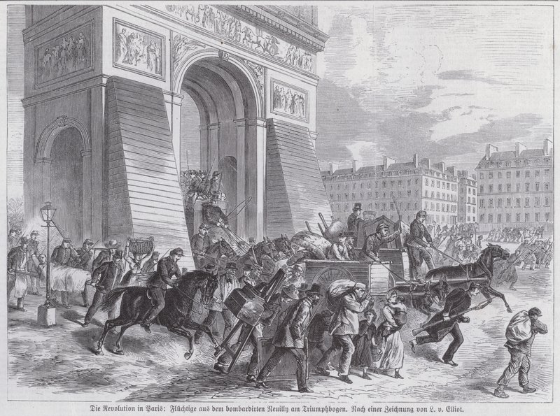 Rømlinger fra den franske hærens bombardement av Neuilly som passerte Triumfbuen, Paris Commune, april 1871 (gravering) av European School