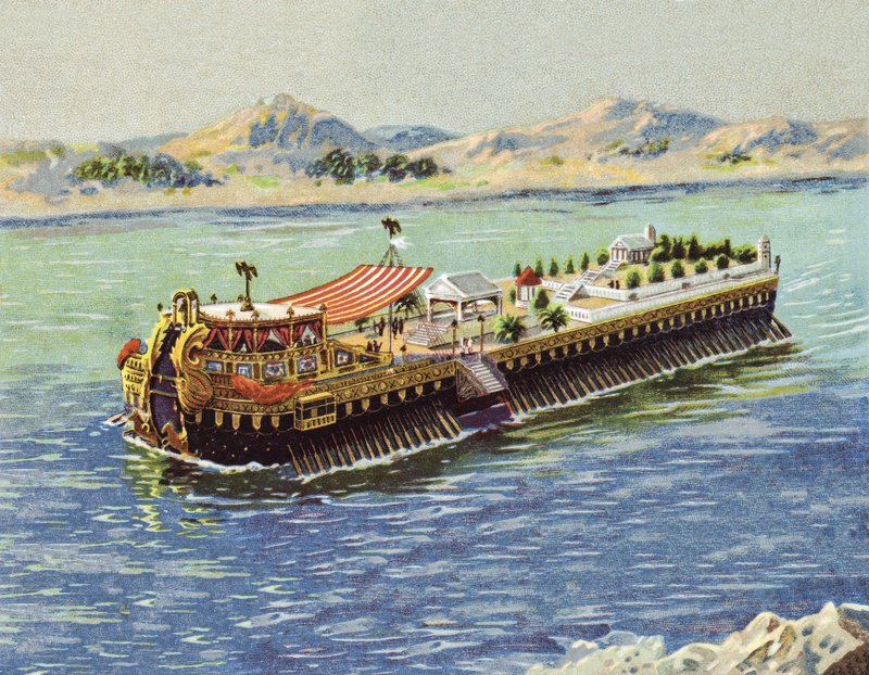 Keiser Caligulas bysse ved Nemi-sjøen, Italia (chromolitho) av European School
