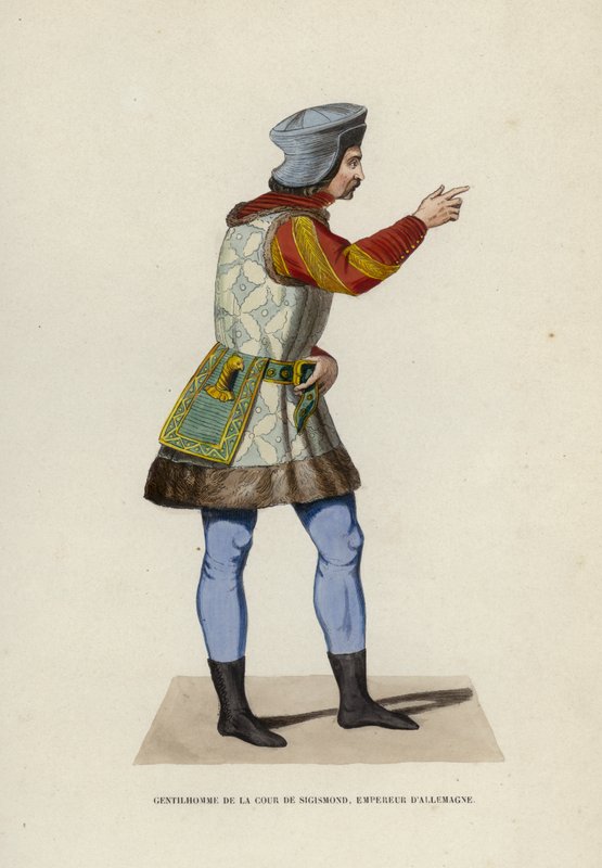 Gentleman of the Court Sigismund, keiser av Tyskland (farget gravering) av European School