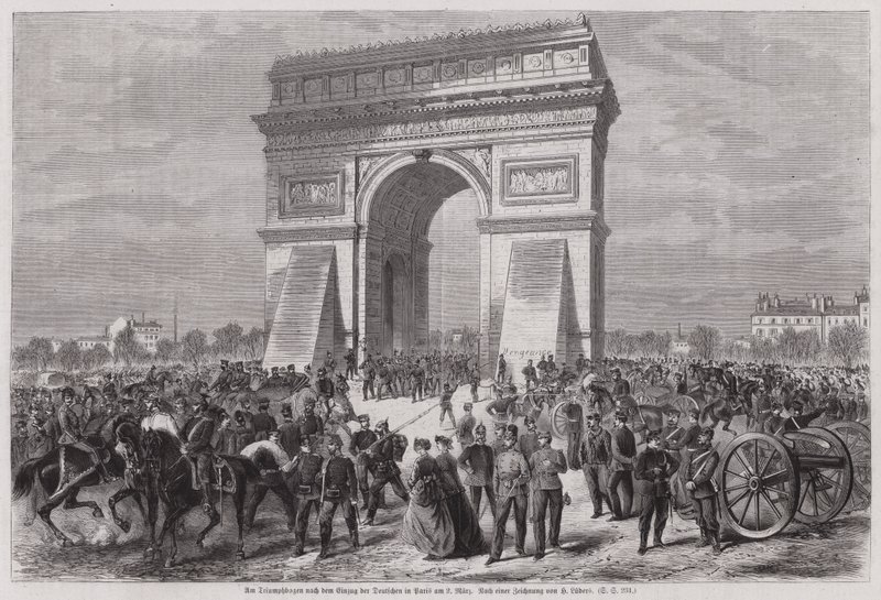 Tyske soldater ved Triumfbuen, Paris, etter å ha sikret seier i den fransk-prøyssiske krigen, 2. mars 1871 (gravering) av European School