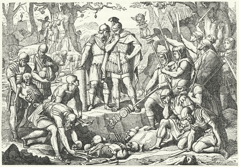 Germanicus begraver beinene til soldater fra de tre romerske legionene kommandert av Publius Quinctilius Varus ødelagt av tyskerne i slaget ved Teutoburgerskogen i 9 f.Kr. (gravering) av European School
